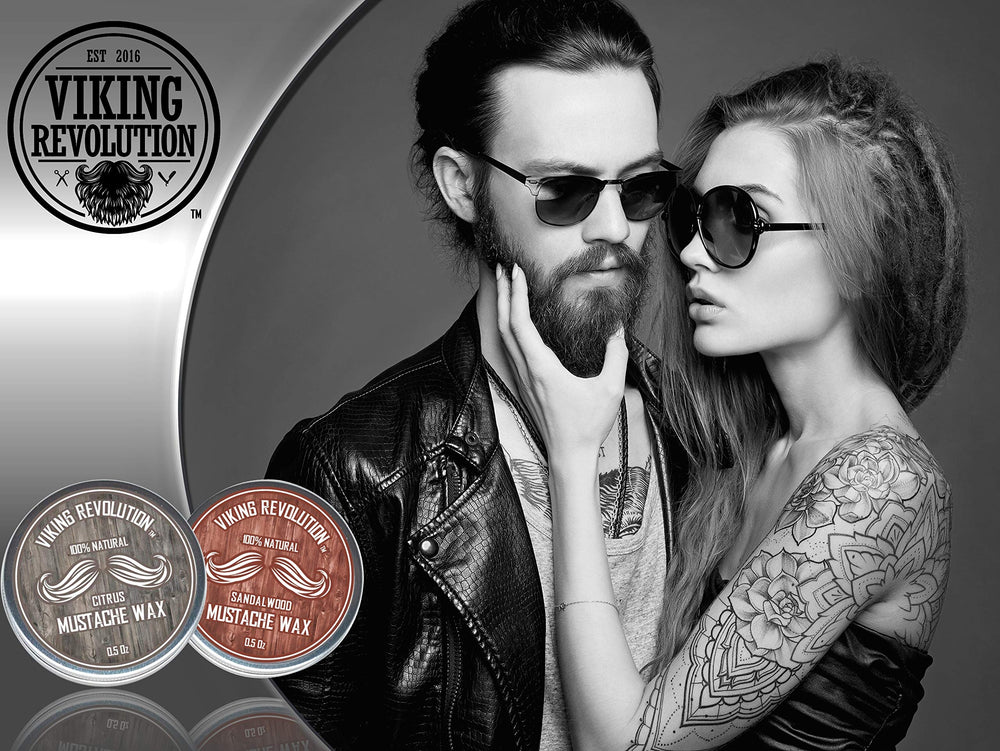 Viking Revolution mustache wax two-pack on shelf highlighting citrus scent