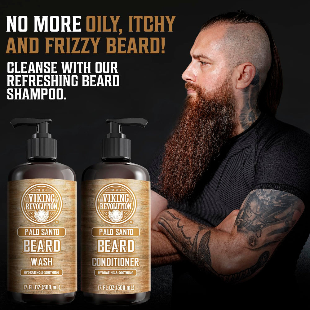 Viking Revolution Palo Santo beard conditioner bottle demonstrating softening and detangling benefits.