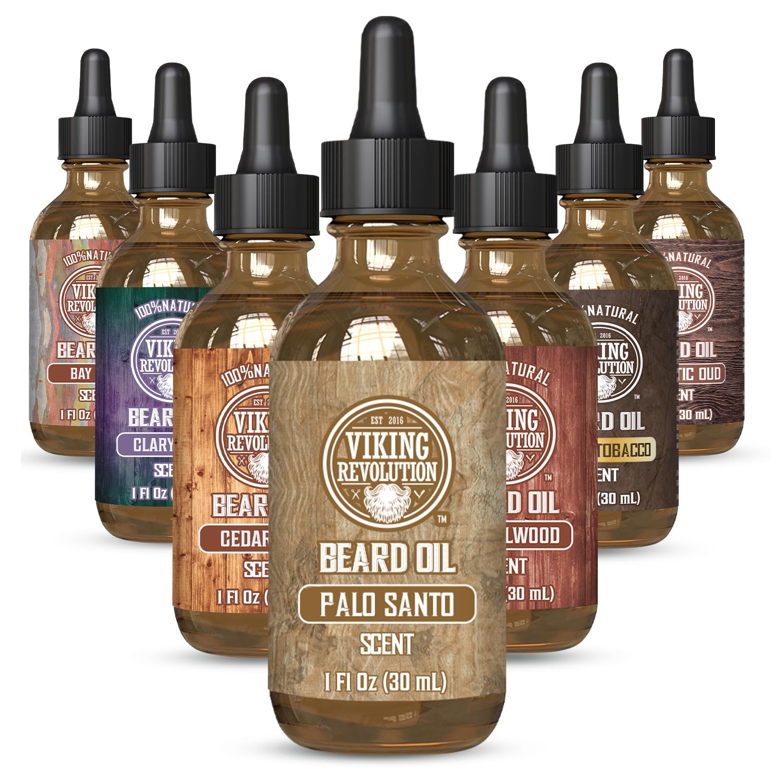Viking Revolution Palo Santo beard oil bottle close-up showing a natural blend for smoother beard