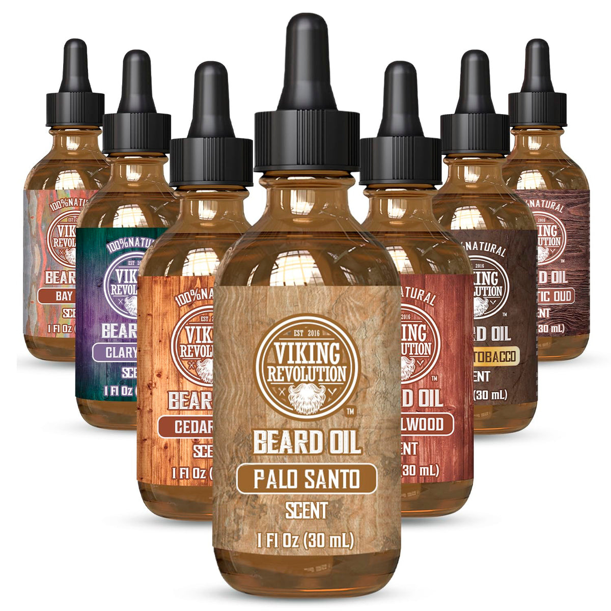Viking Revolution Palo Santo beard oil bottle close-up showing a natural blend for smoother beard