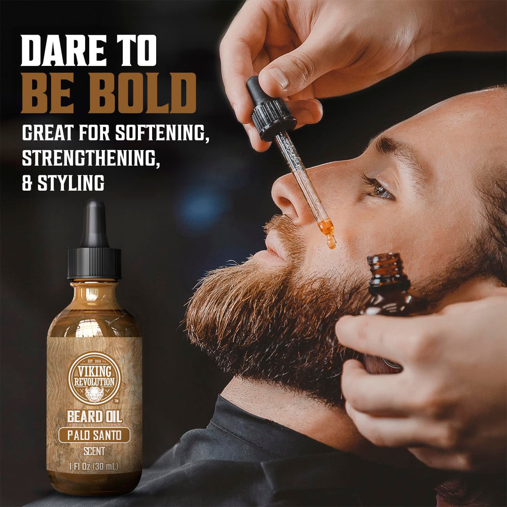 Viking Revolution Palo Santo beard oil bottle close-up highlighting premium ingredients for healthier facial hair