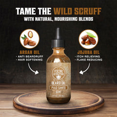 Viking Revolution Palo Santo beard oil dropper releasing oil for easy daily use