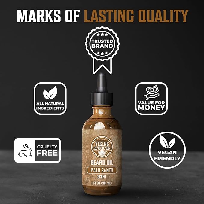 Viking Revolution Palo Santo beard oil packaging on display