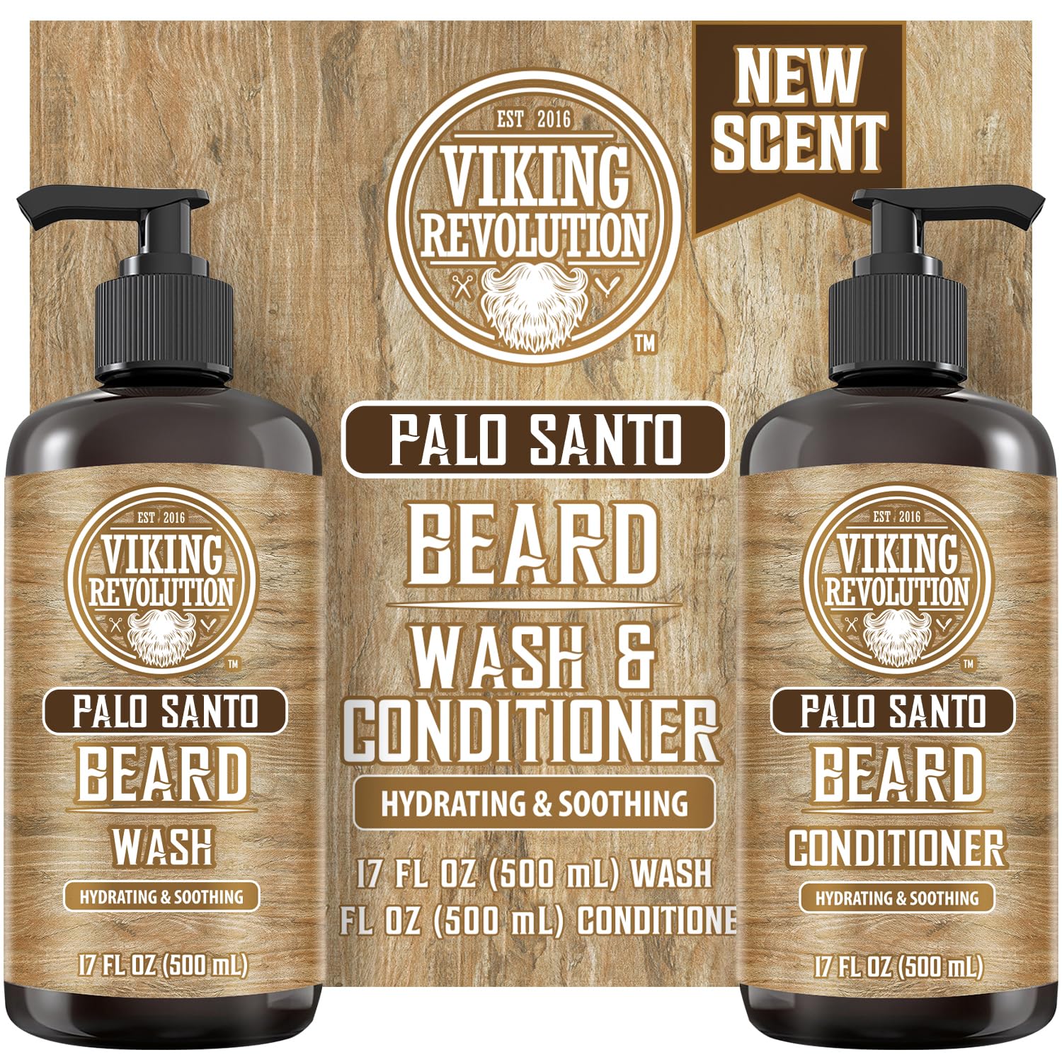 Viking Revolution Palo Santo beard wash bottle showing cleansing formula for a healthy beard.