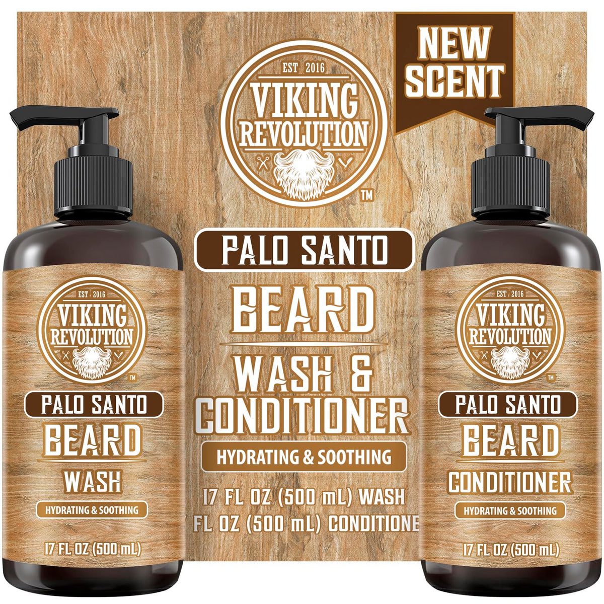 Viking Revolution Palo Santo beard wash bottle showing cleansing formula for a healthy beard.