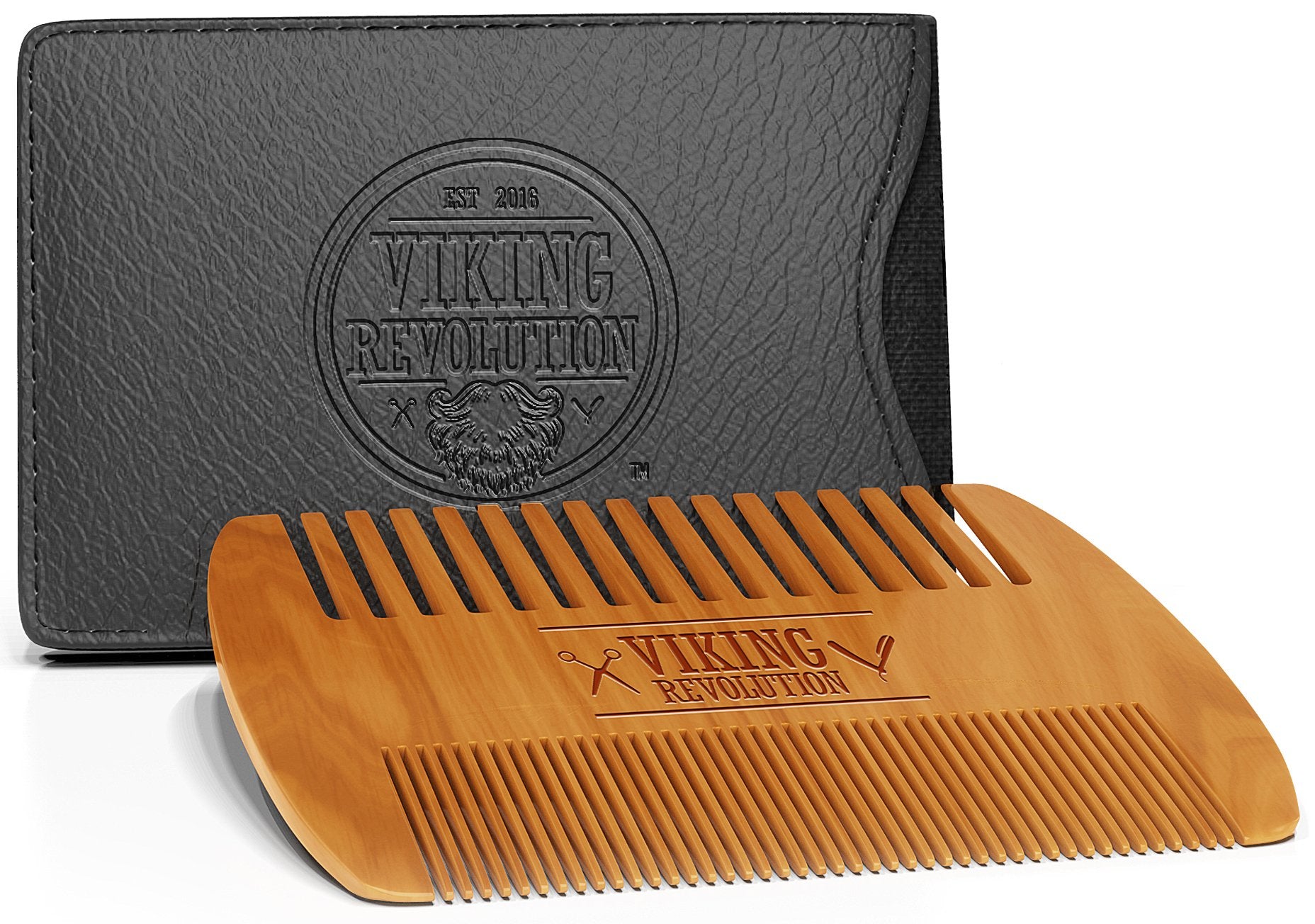 Pear wood Viking Revolution beard comb close-up showing fine and coarse teeth