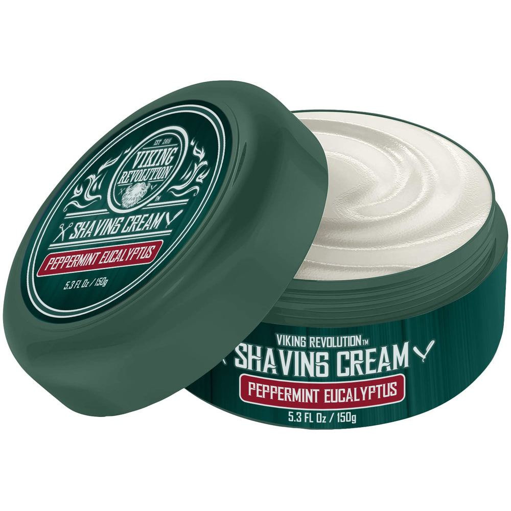 Viking Revolution peppermint eucalyptus shaving cream bottle with refreshing scent.