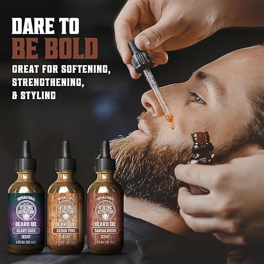 Viking Revolution pine beard oil bottle with refreshing scent and softness.