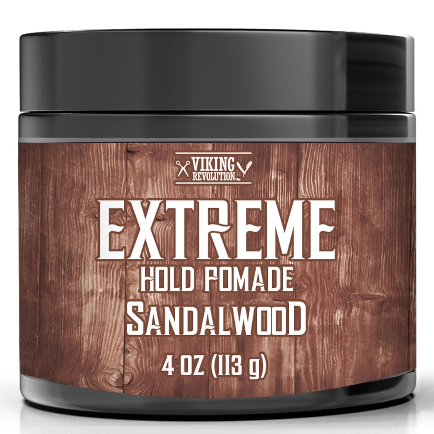 Viking Revolution pomada sandalwood: botella visible para fijación extrema y brillo sostenido.