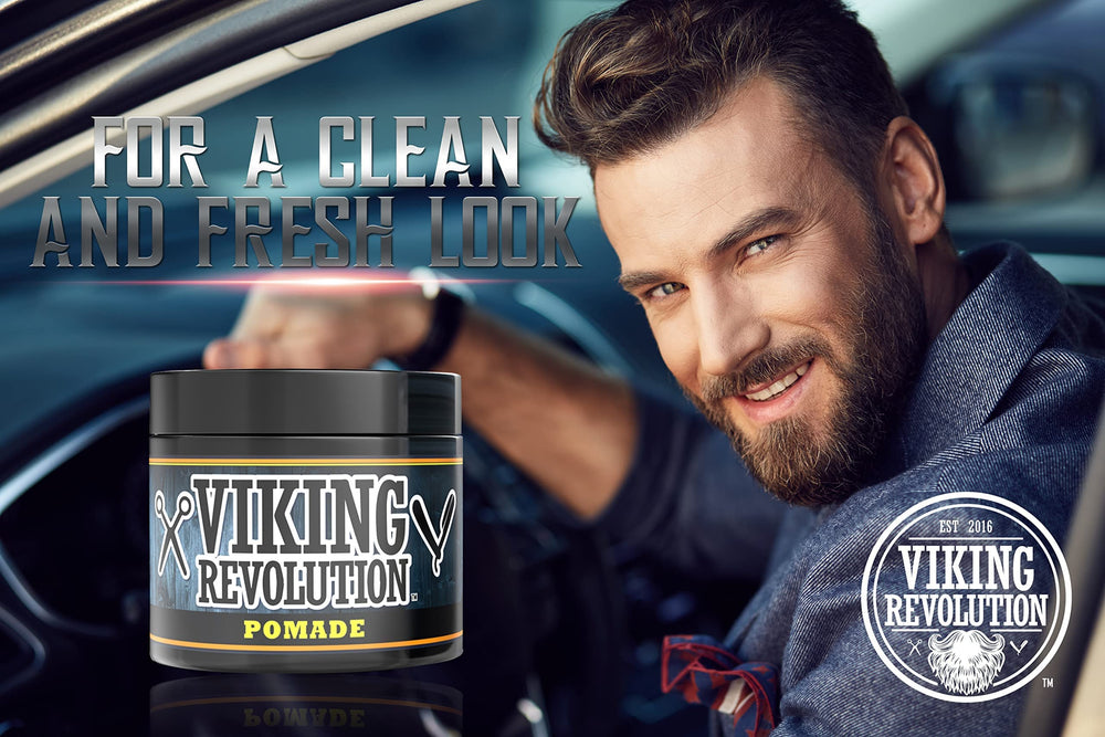 Compact 4oz Viking Revolution pomade for easy washout and daily use.