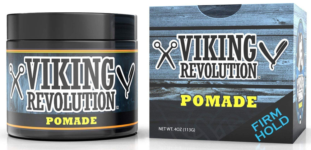 Viking Revolution pomade provides a high shine finish on styled hair.