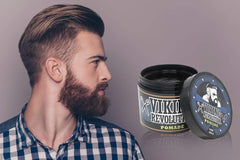 Viking Revolution pomade achieves a polished slick-back style with high shine.