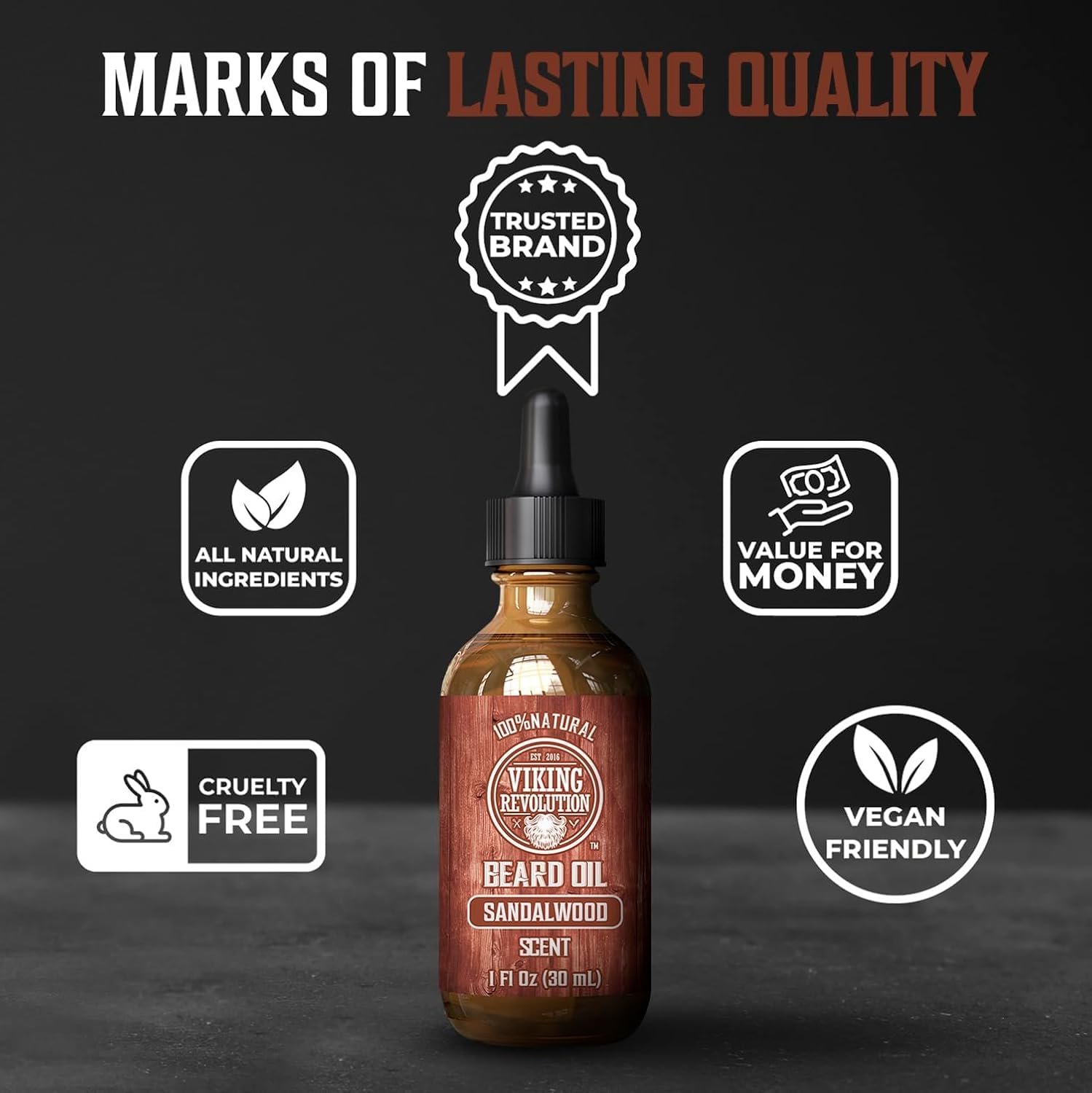 Sandalwood and natural oils on label highlight premium care.