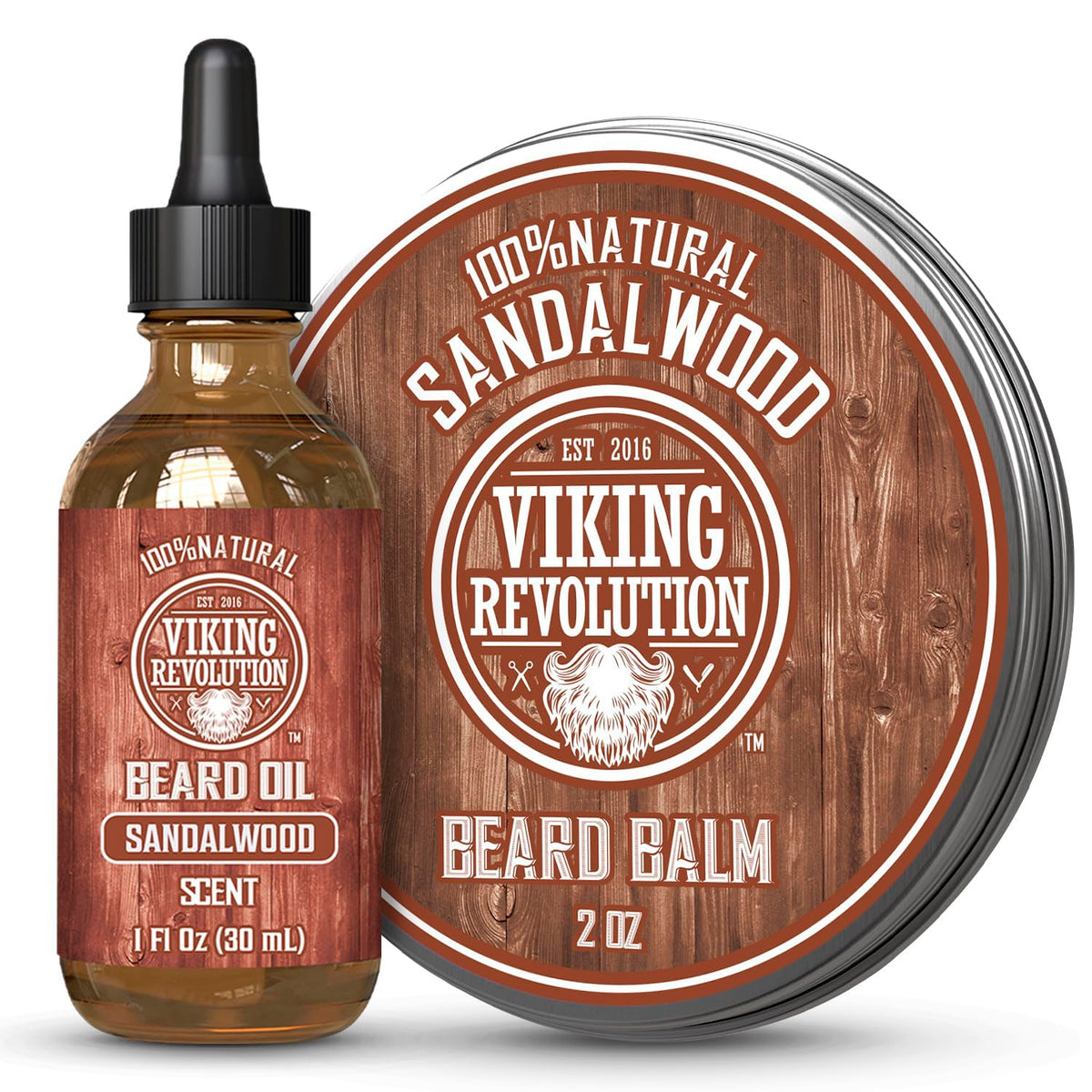 Viking Revolution sandalwood beard balm tin with a softening formula for a tidy beard.
