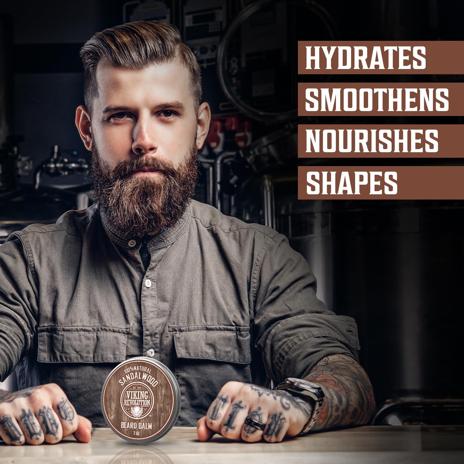 Viking Revolution sandalwood beard balm tin closeup highlighting natural ingredients