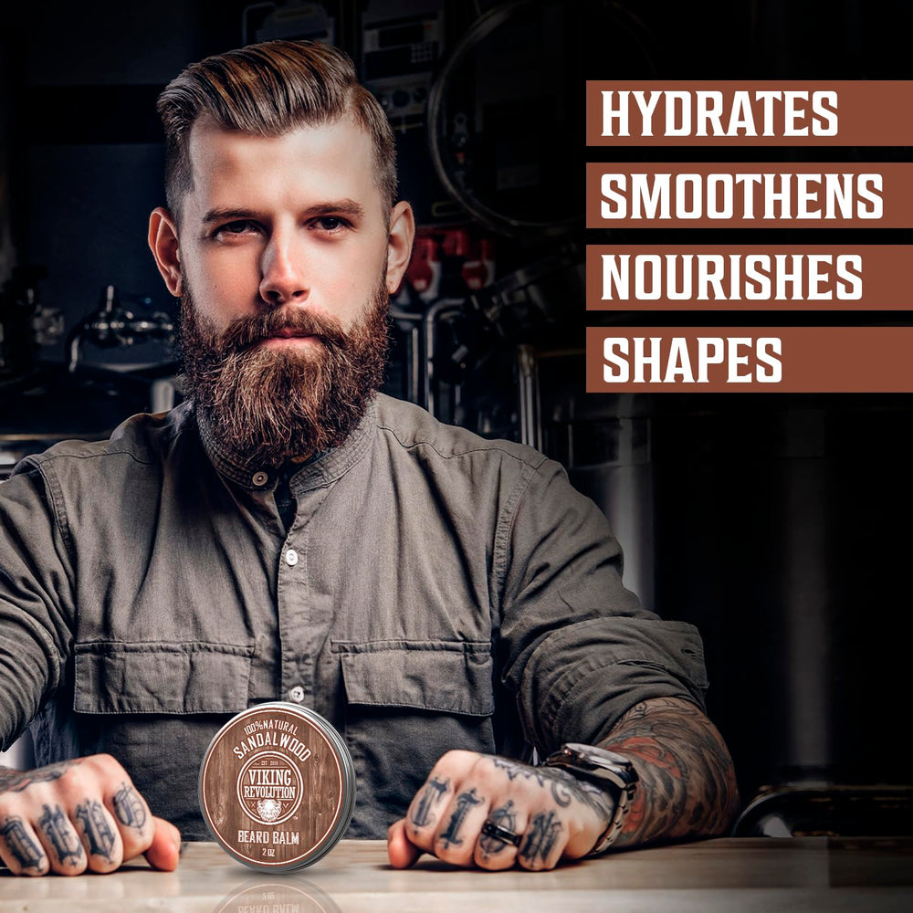 Viking Revolution sandalwood beard balm tin closeup highlighting natural ingredients