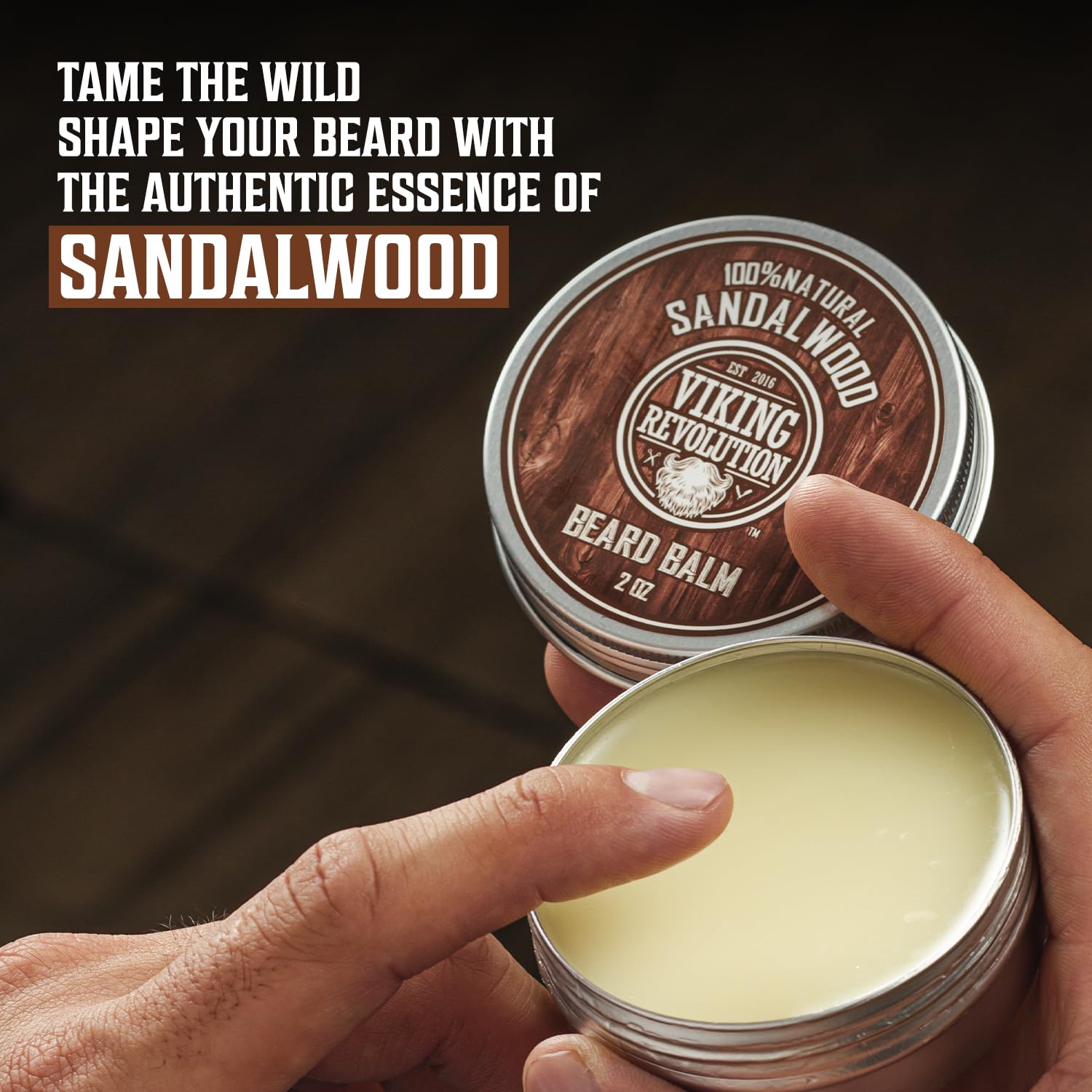 Viking Revolution sandalwood beard oil bottle promotes moisture and shine.