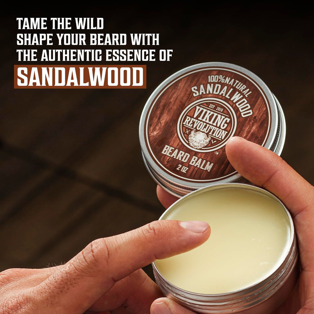 Viking Revolution sandalwood beard oil bottle promotes moisture and shine.