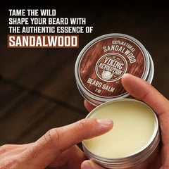 Viking Revolution sandalwood beard oil bottle promotes moisture and shine.