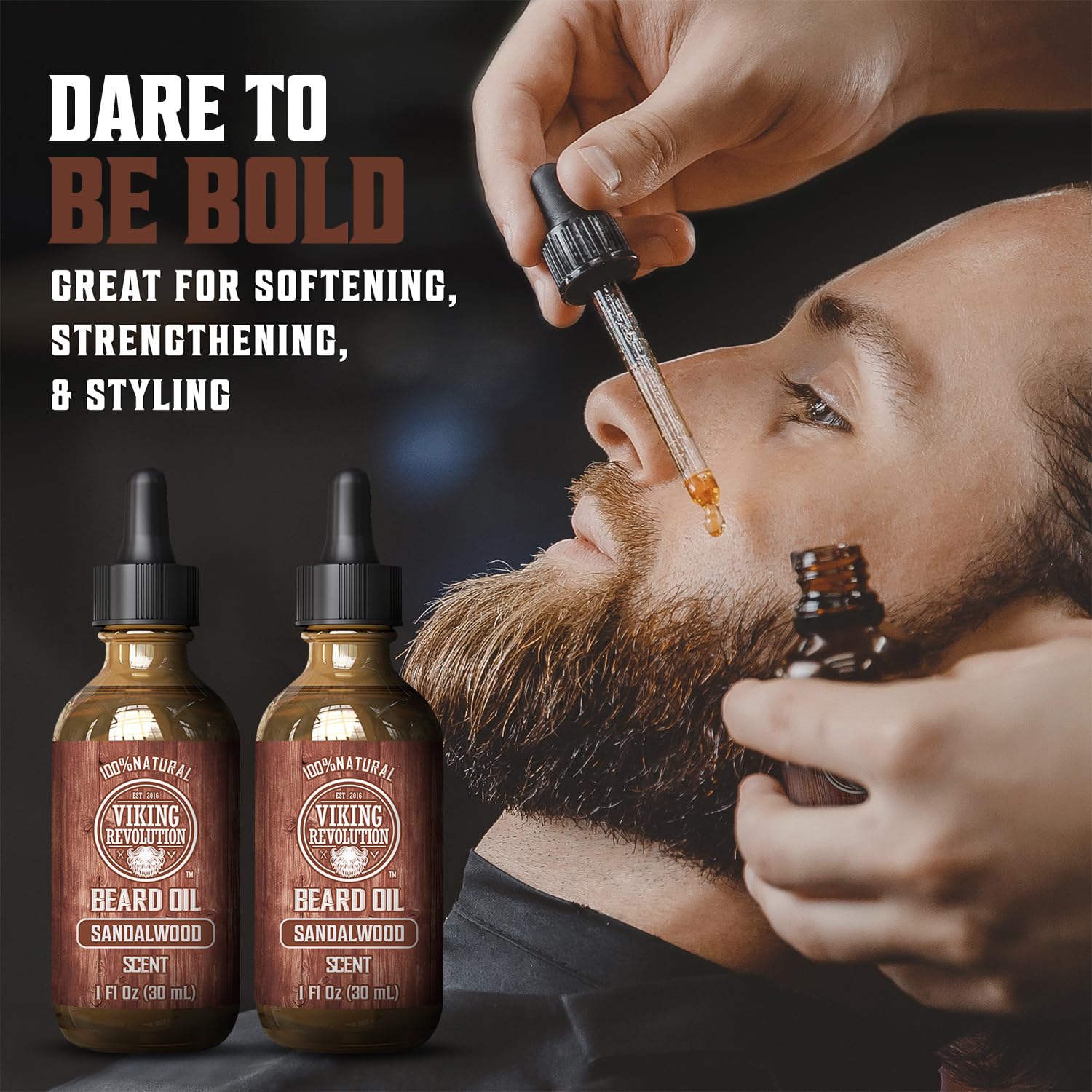 Viking Revolution sandalwood beard oil being applied for moisturized skin and reduced itch.
