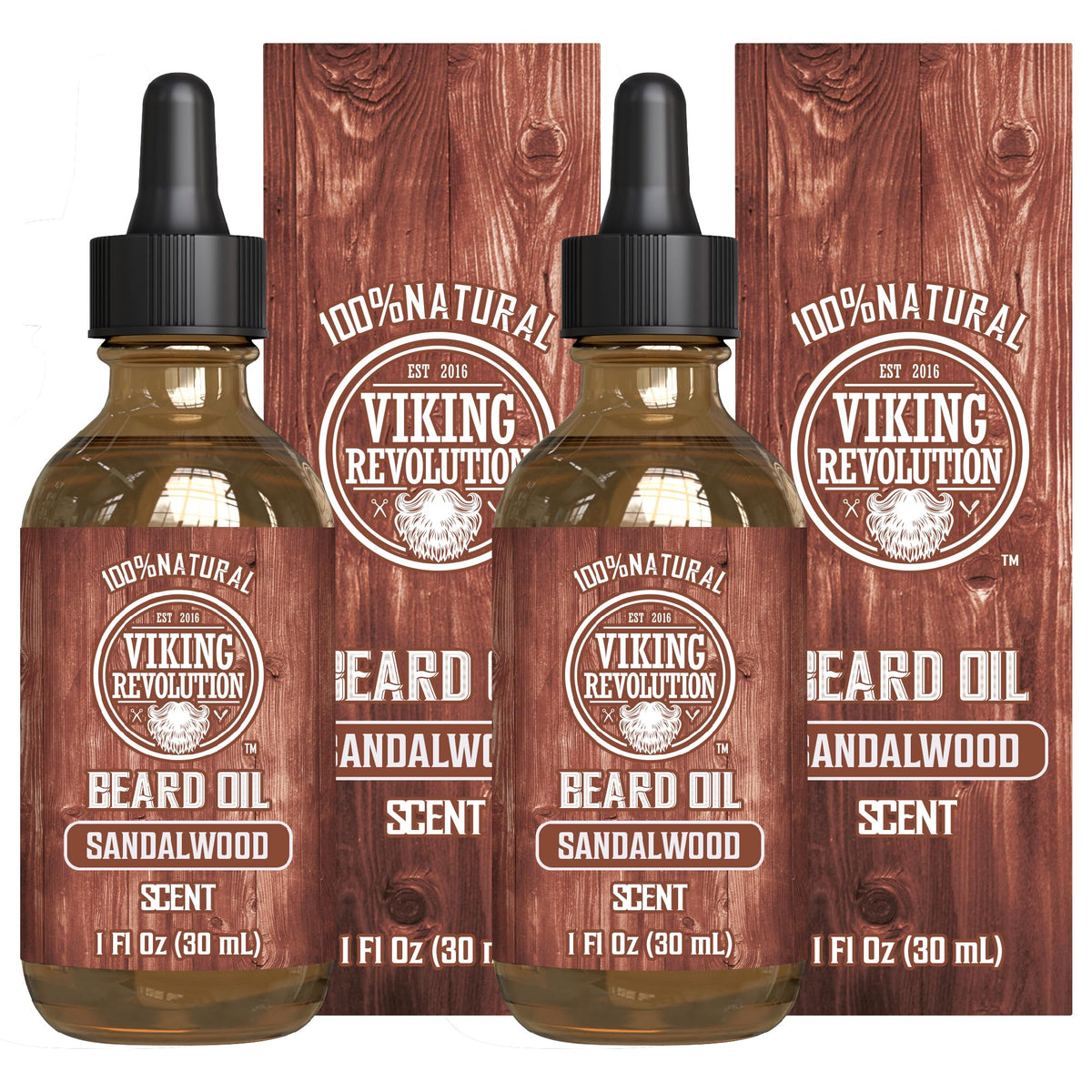 Viking Revolution sandalwood beard oil bottle for smoother, softer beard.