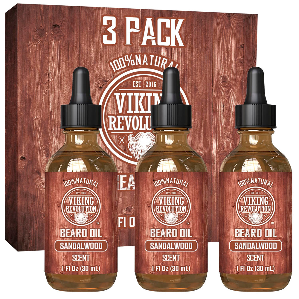 Viking Revolution Sandalwood Beard Oil bottle ready for daily grooming benefits