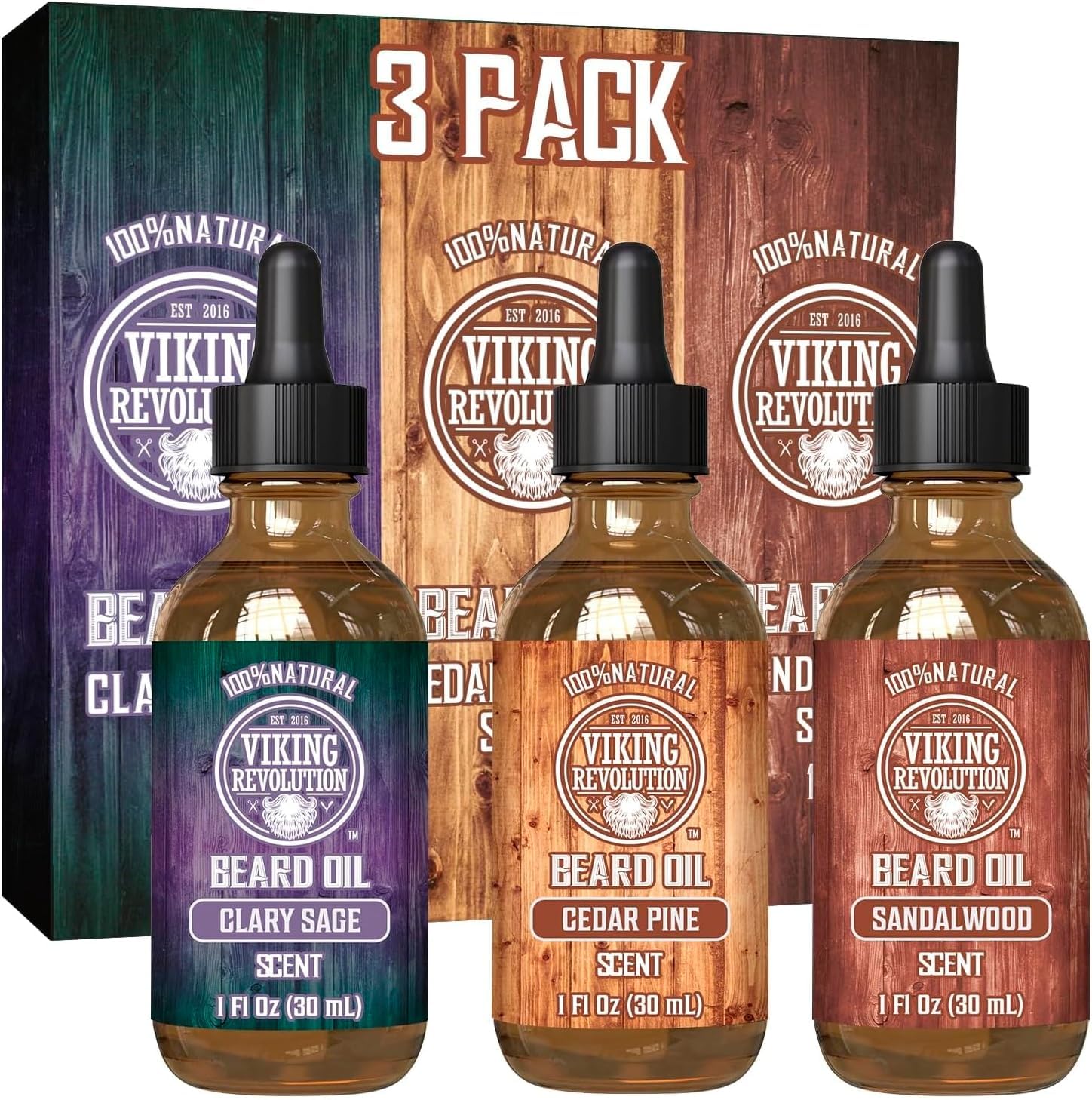 Viking Revolution sandalwood beard oil bottle for conditioning and shine.