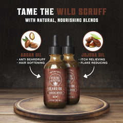 Viking Revolution sandalwood beard oil with argan and jojoba for stronger, shinier beard.