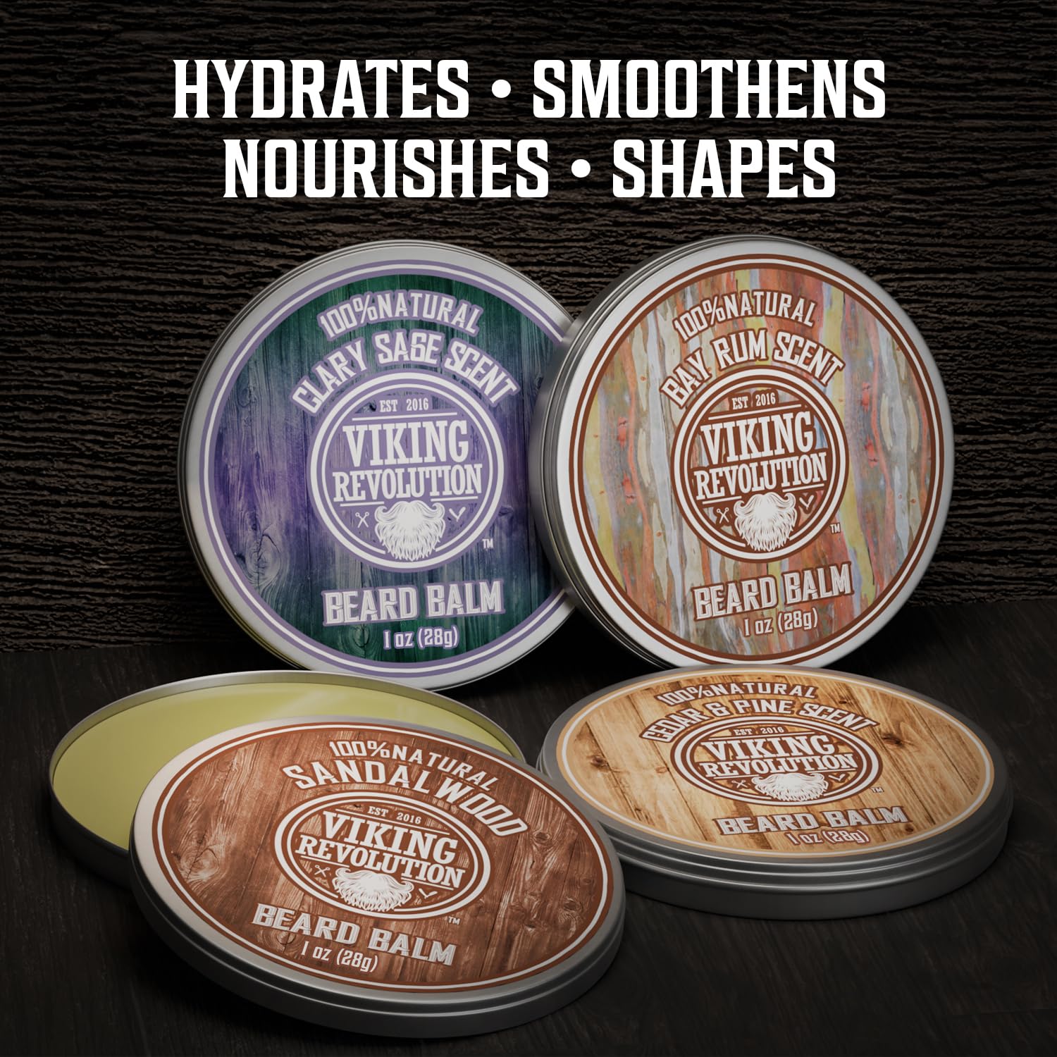 Viking Revolution sandalwood pine cedar beard balm tin highlights rich scent and conditioning.