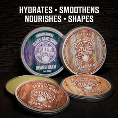 Viking Revolution sandalwood pine cedar beard balm tin highlights rich scent and conditioning.