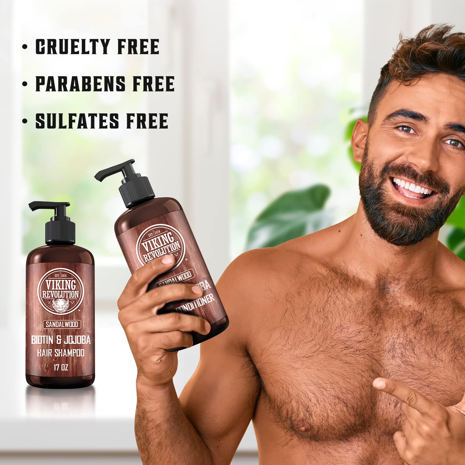 Viking Revolution sandalwood shampoo label closeup with natural ingredients