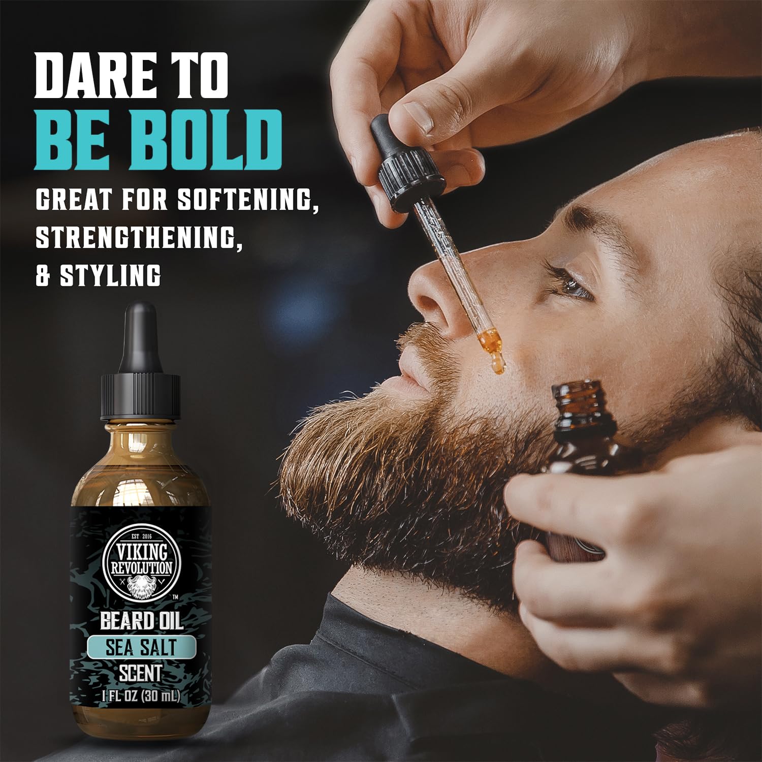 Viking Revolution bottle closeup label highlights natural Argan and Jojoba nourishment