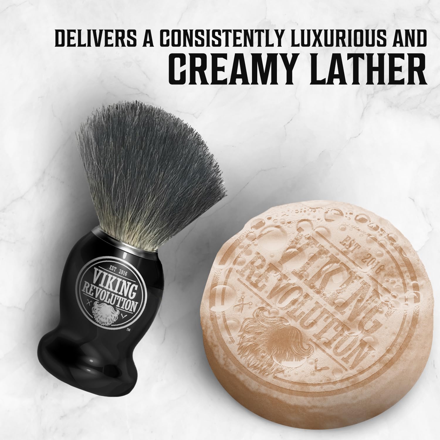 Shaving brush loaded with Viking Revolution soap in a bowl for wet shaving ritual.