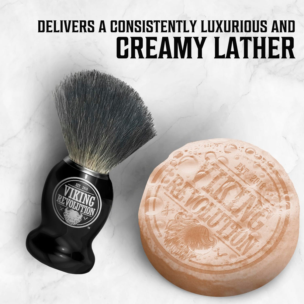 Shaving brush loaded with Viking Revolution soap in a bowl for wet shaving ritual.