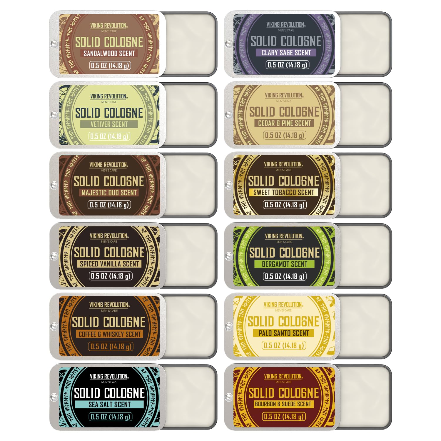 Viking Revolution sandalwood solid cologne tin for travel-ready fragrance on the go.