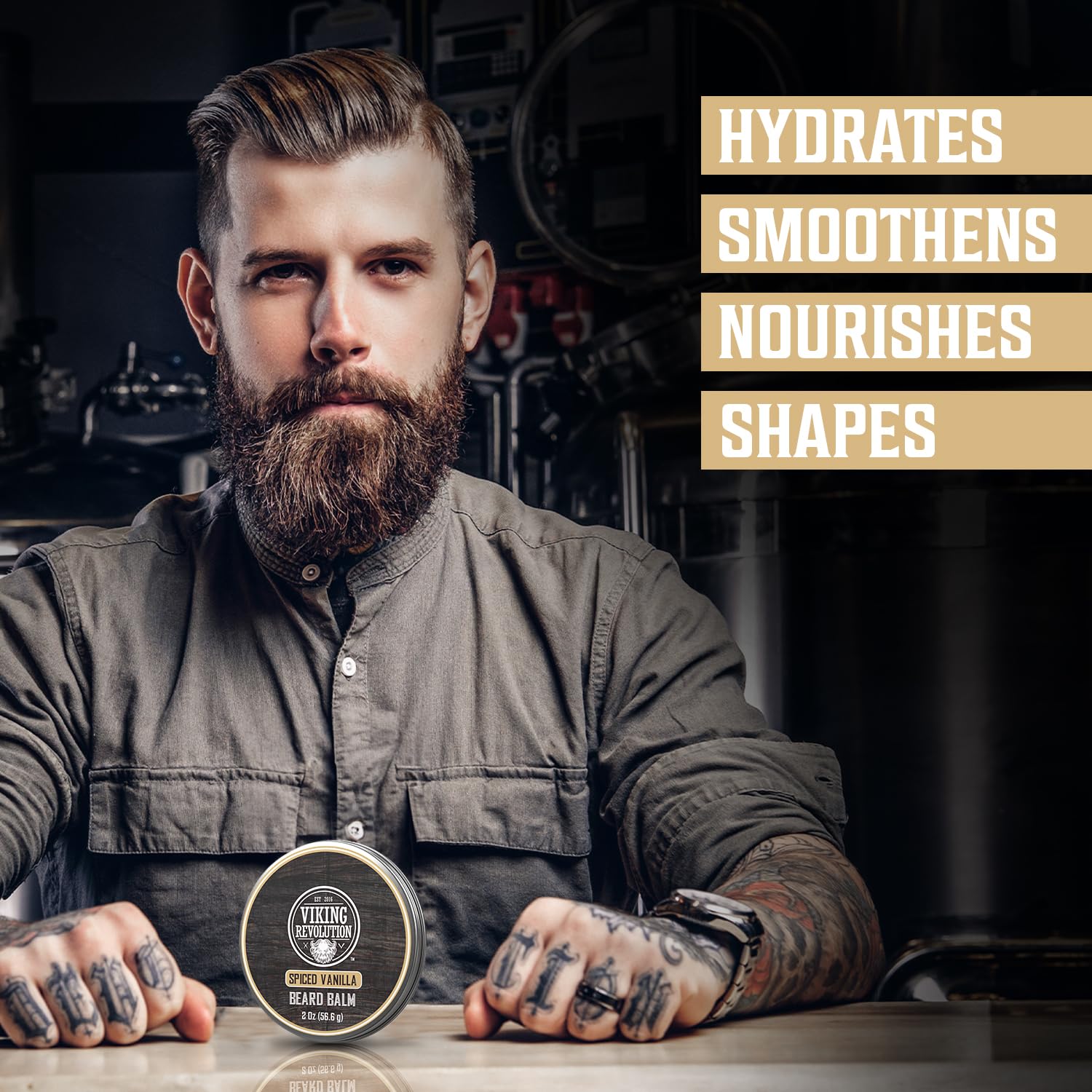 Label on Viking Revolution Spiced Vanilla Beard Balm highlighting scent profile