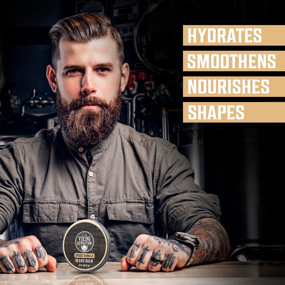 Label on Viking Revolution Spiced Vanilla Beard Balm highlighting scent profile