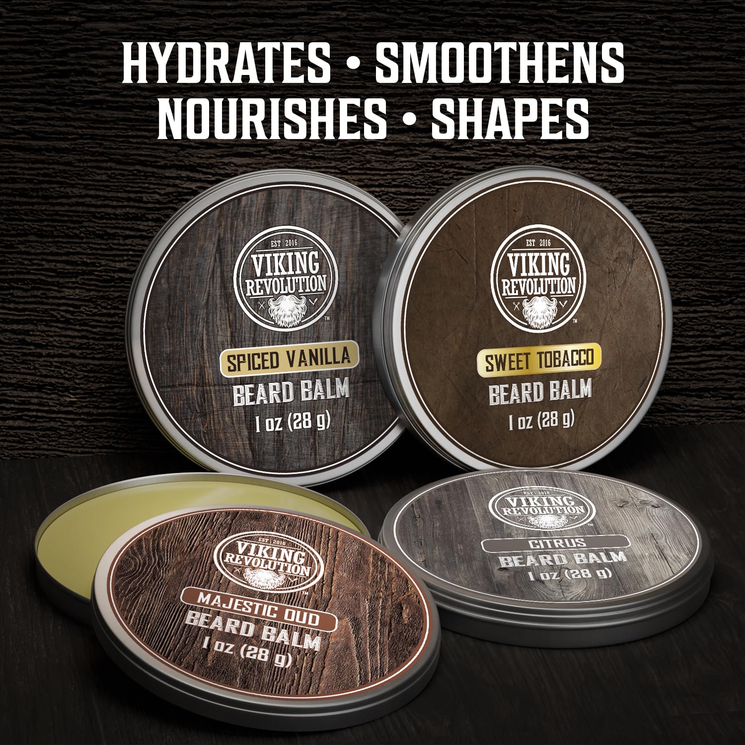 Viking Revolution spiced vanilla beard balm showcase smooth, controlled growth with fragrant aroma.