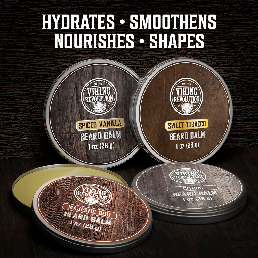 Viking Revolution spiced vanilla beard balm showcase smooth, controlled growth with fragrant aroma.