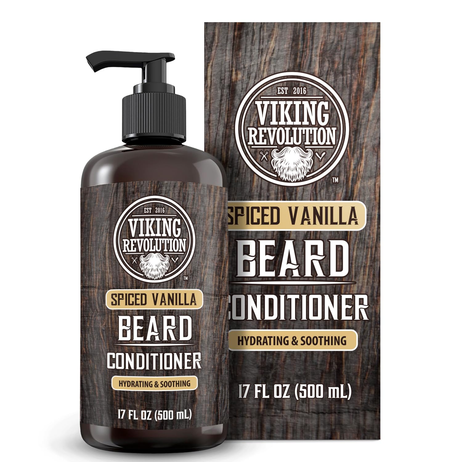 Viking Revolution Spiced Vanilla Beard Conditioner bottle promotes hydration for a softer beard