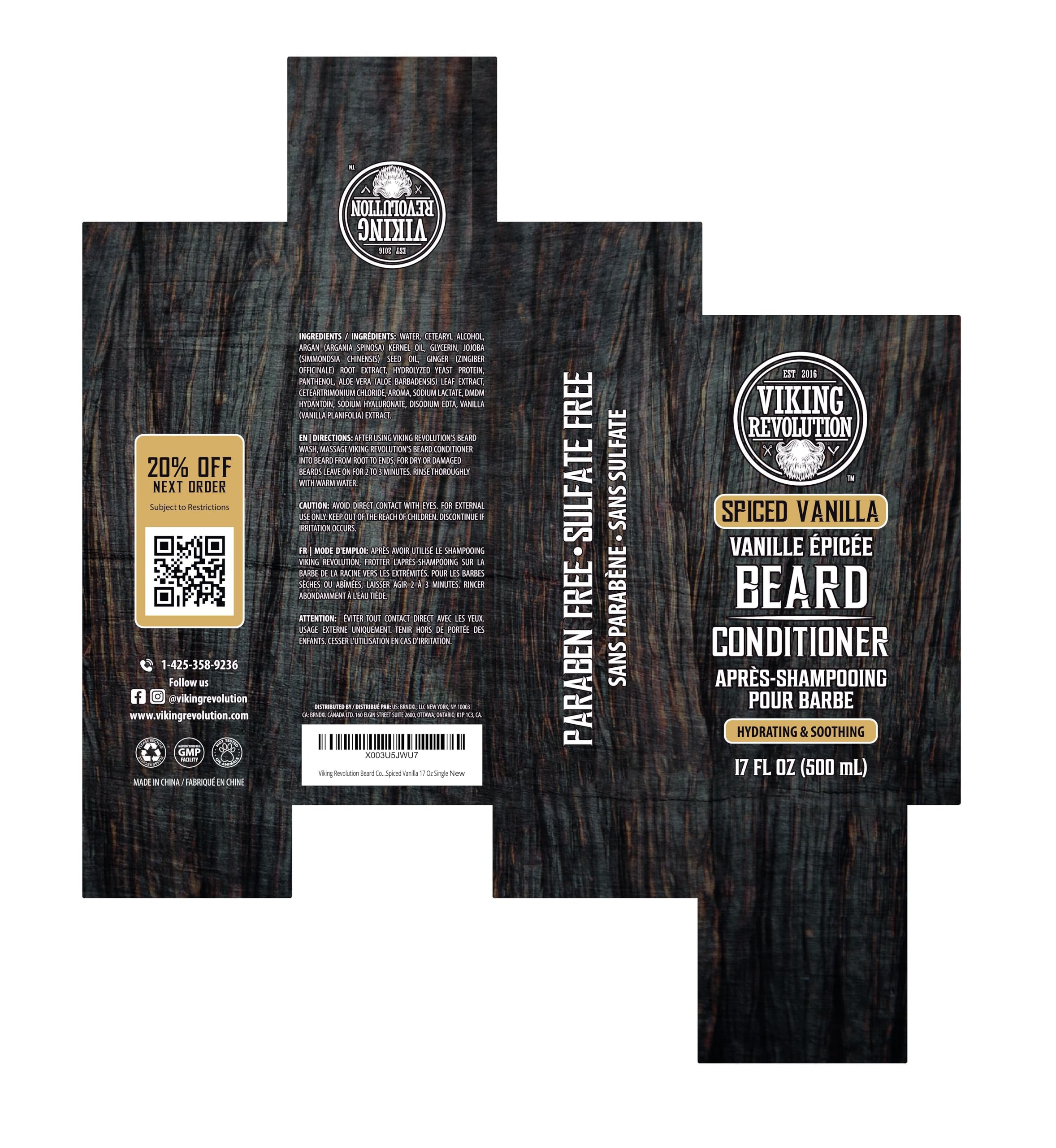 Label close-up showing vanilla spice scent and natural ingredients