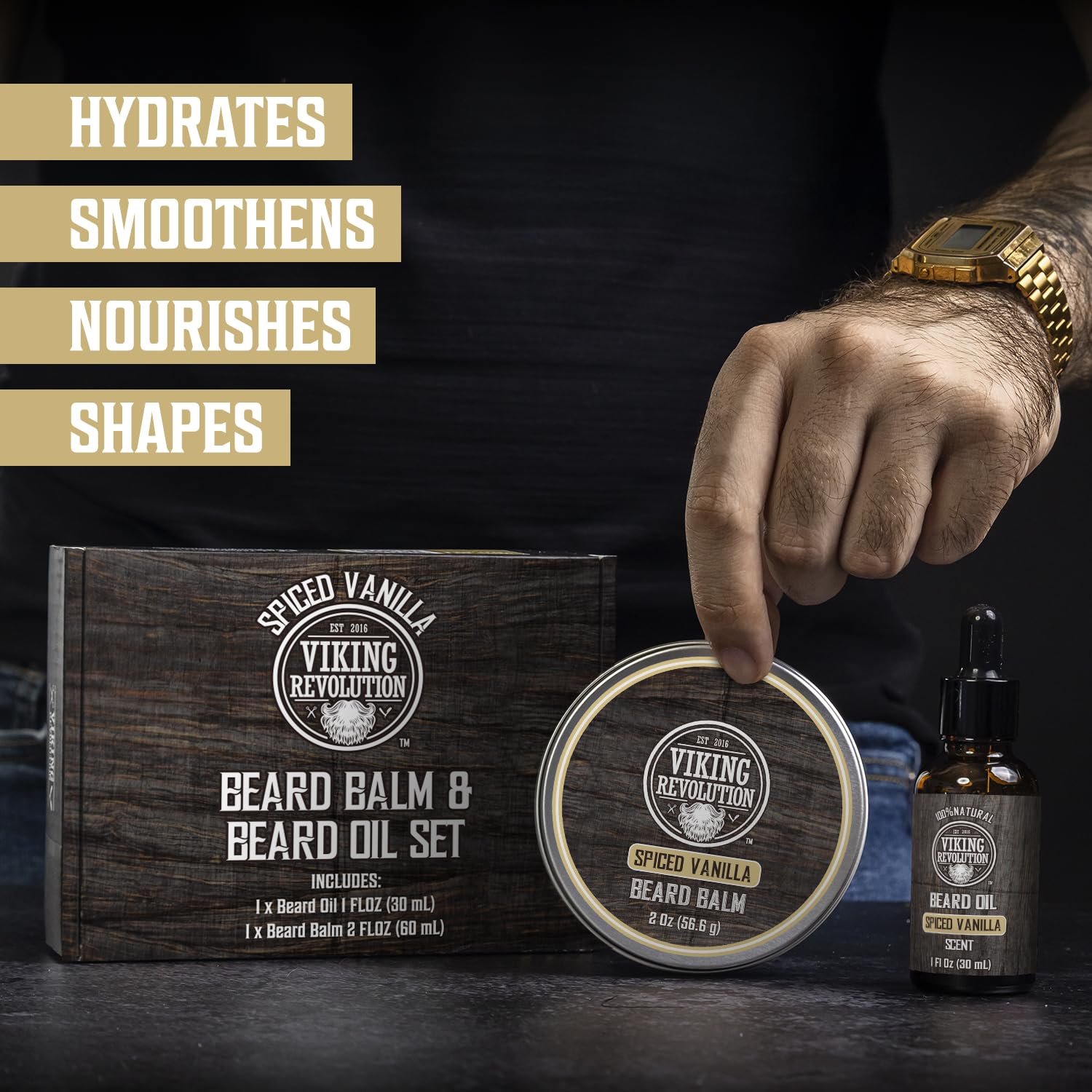 Close-up of Viking Revolution kit featuring oil and balm textures
