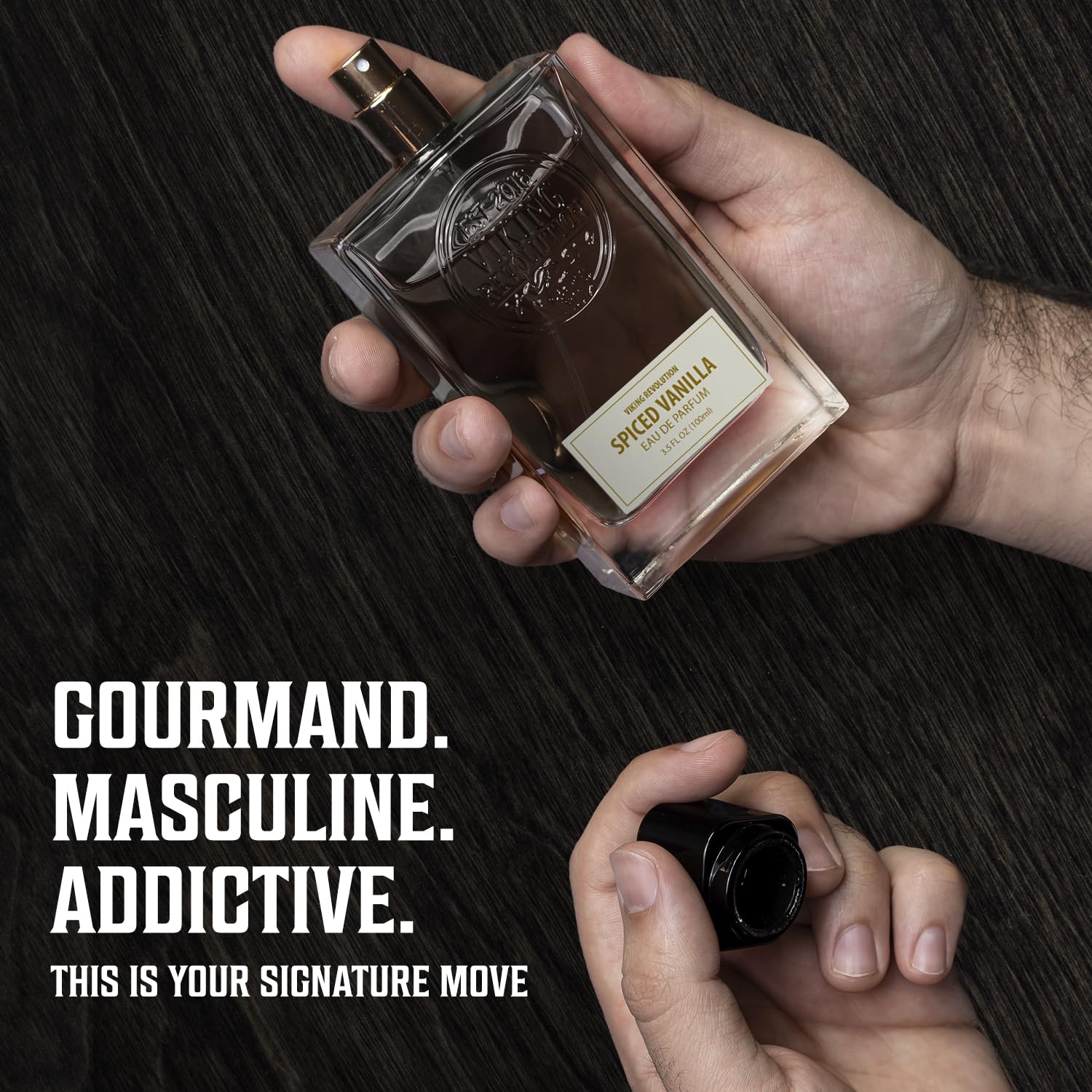 Viking Revolution Spiced Vanilla Cologne spray action showing long-lasting scent projection