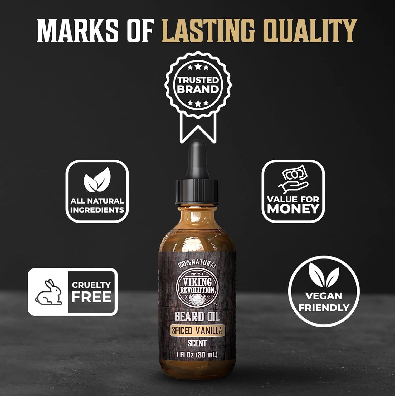 Viking Revolution spiced vanilla packaging with rugged grooming vibe.