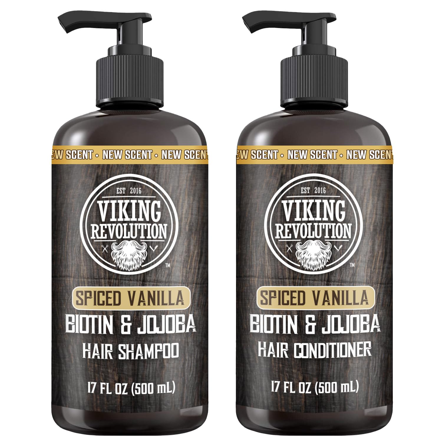 Viking Revolution Spiced Vanilla shampoo bottle showing refreshing scent and cleansing action.
