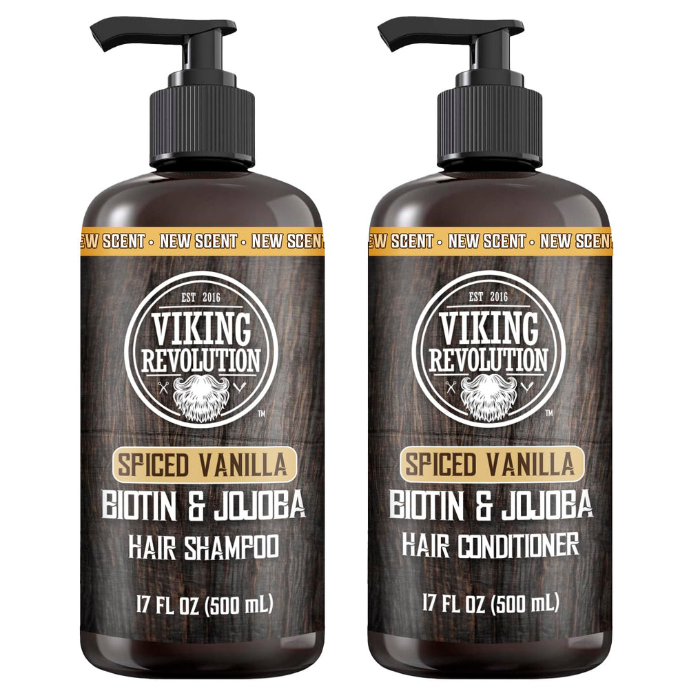 Viking Revolution Spiced Vanilla shampoo bottle showing refreshing scent and cleansing action.
