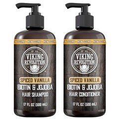 Viking Revolution Spiced Vanilla shampoo bottle showing refreshing scent and cleansing action.