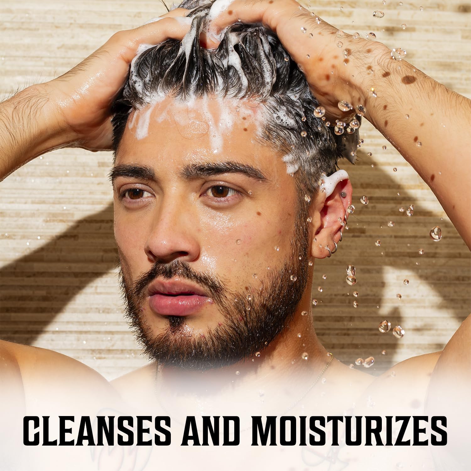 Viking Revolution shampoo pump demonstrating easy dispensing during a shower.