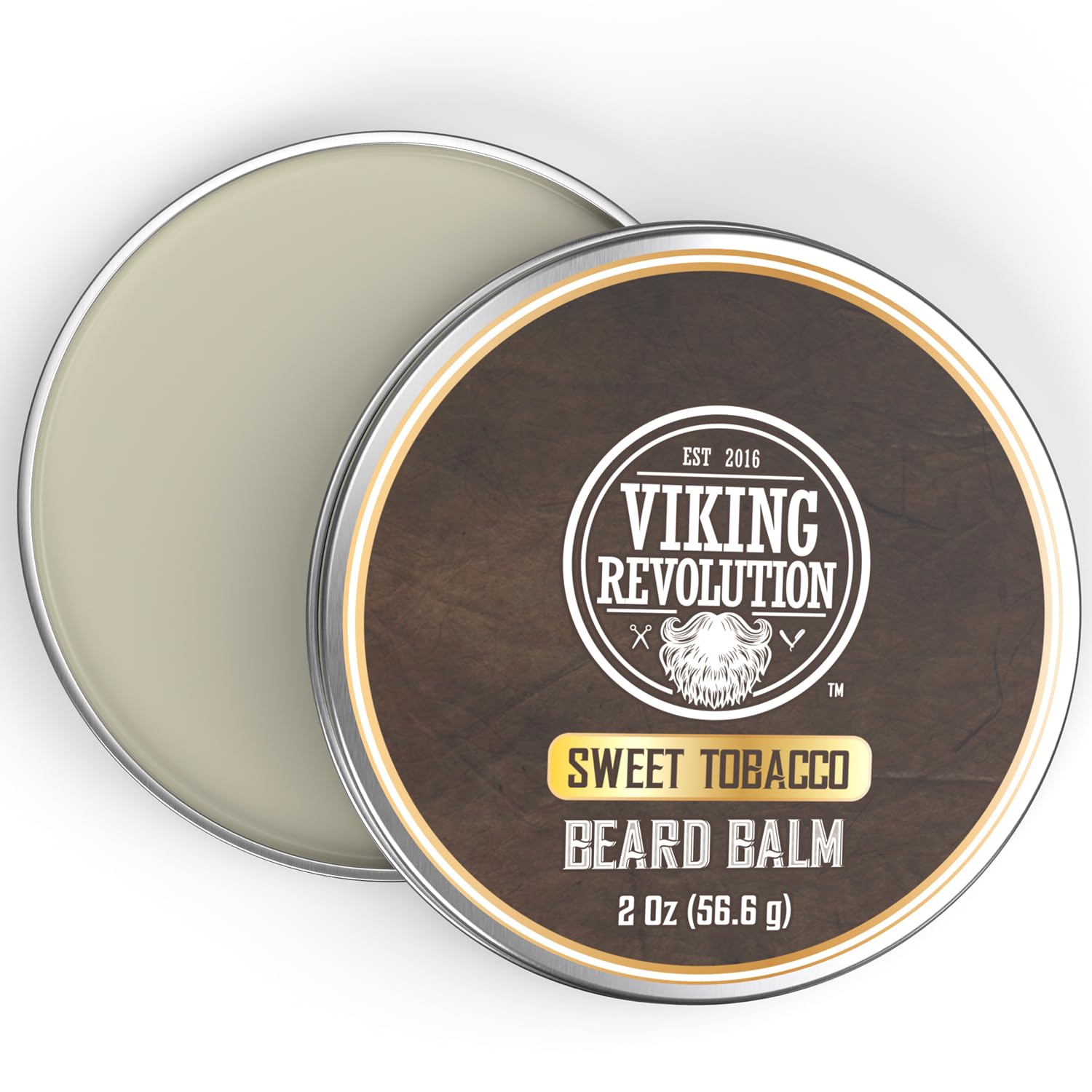Viking Revolution Sweet Tobacco balm jar close-up showing rich texture for easy grooming.