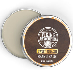 Viking Revolution Sweet Tobacco balm jar close-up showing rich texture for easy grooming.